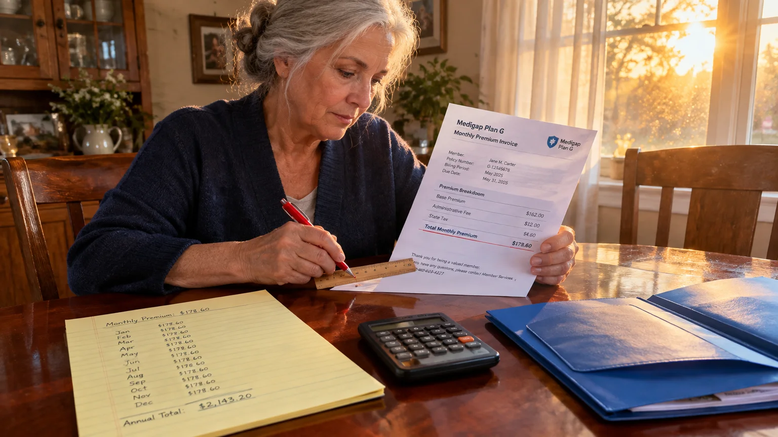 Woman at a sunny table reviewing a Medigap invoice with a pen and ruler, next to a calculator and yellow notepad.