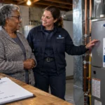 An HVAC technician shows a senior woman a new furnace labeled with a verified emergency grant installation sign.
