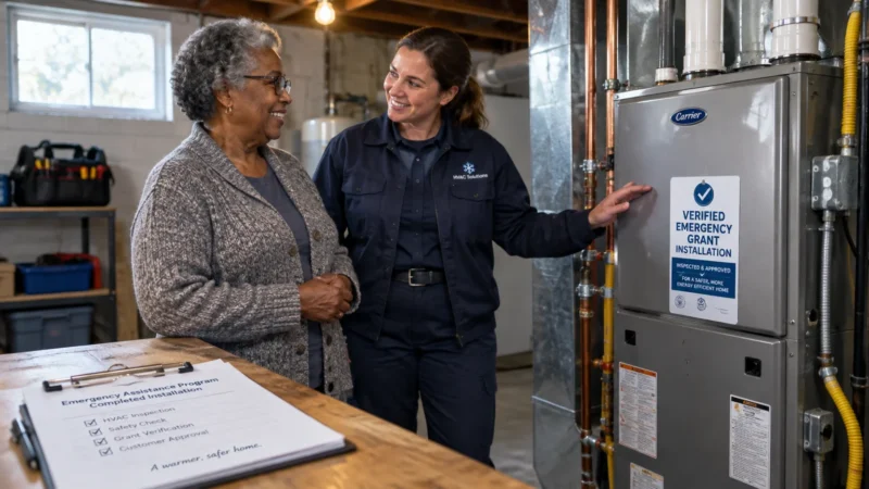 An HVAC technician shows a senior woman a new furnace labeled with a verified emergency grant installation sign.