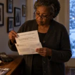 A woman wearing glasses stands in a home entryway reading an opened Social Security Administration letter.