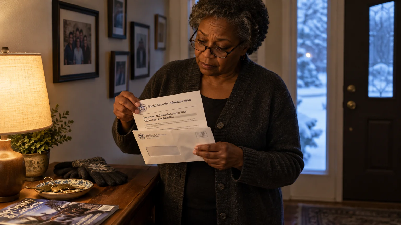 A woman wearing glasses stands in a home entryway reading an opened Social Security Administration letter.