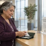 A senior woman pulls an ID card from her wallet at a driver license service counter with a clerk.