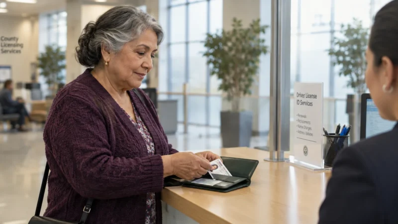 A senior woman pulls an ID card from her wallet at a driver license service counter with a clerk.
