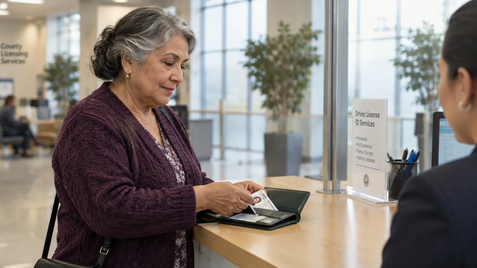 A senior woman pulls an ID card from her wallet at a driver license service counter with a clerk.