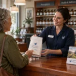 A smiling pharmacist hands a paper prescription bag to a customer over a wooden counter in a pharmacy.