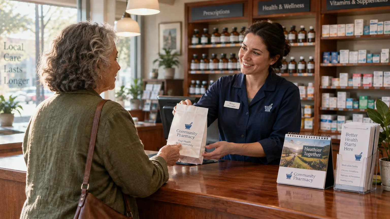 A smiling pharmacist hands a paper prescription bag to a customer over a wooden counter in a pharmacy.