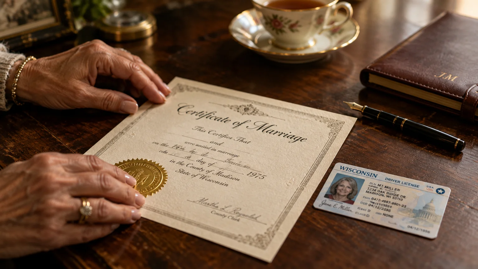 Hands of an older woman holding a marriage certificate beside a driver's license, pen, notebook, and teacup on a wood desk.