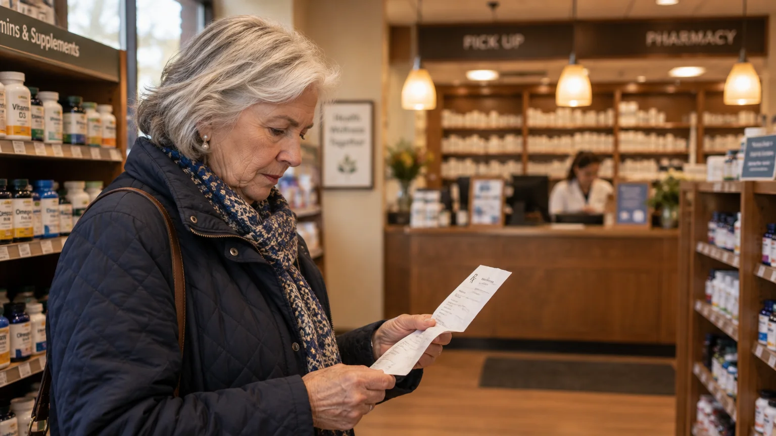 An older woman looking at a paper prescription slip inside a pharmacy near vitamin shelves and the pickup counter.