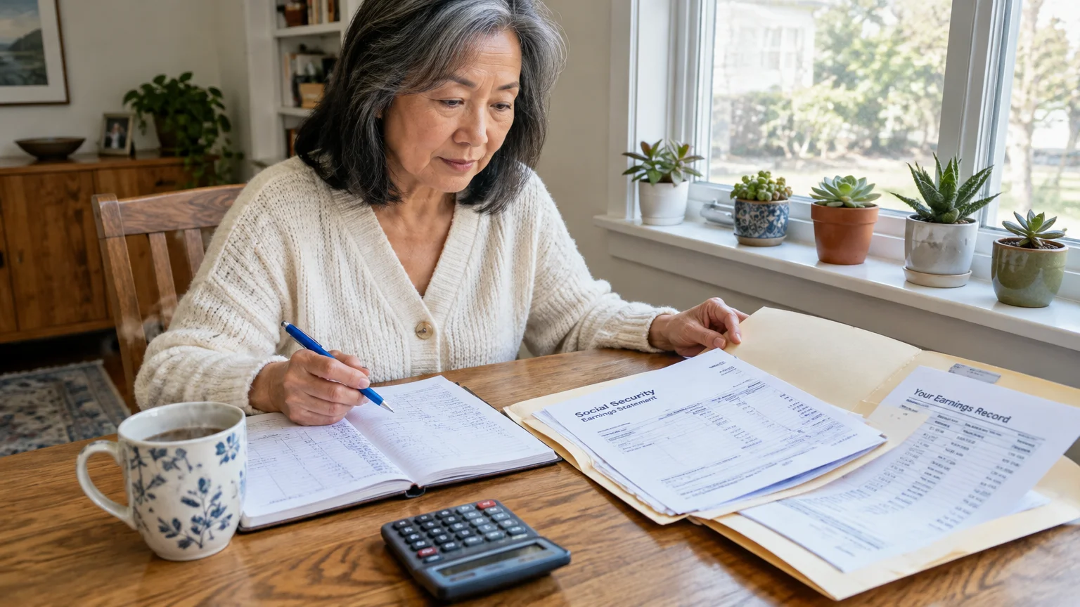 Mature woman sitting at a dining table reviewing Social Security earnings statements with a notebook, pen, and calculator.
