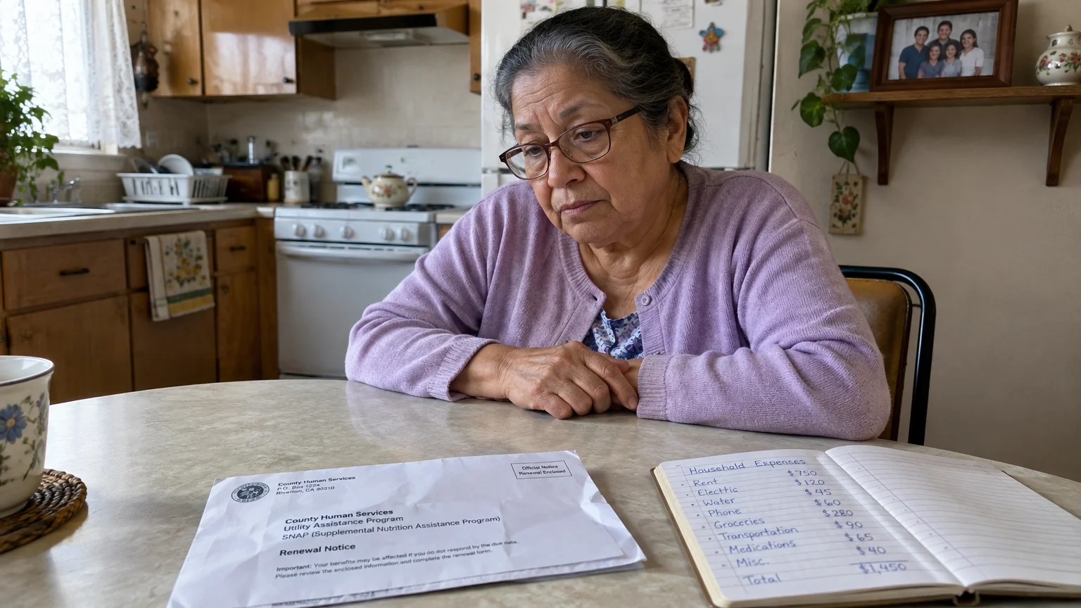 An older woman in glasses sits at a table with an assistance renewal notice and a handwritten budget notebook.