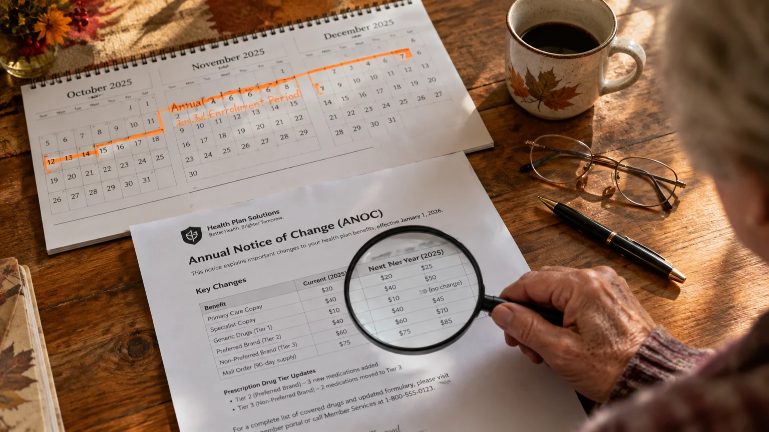 Person using a magnifying glass to read an Annual Notice of Change document next to a calendar highlighting enrollment dates.