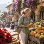 Older woman buying papayas from a vendor at an outdoor produce market along a sunny cobblestone street.