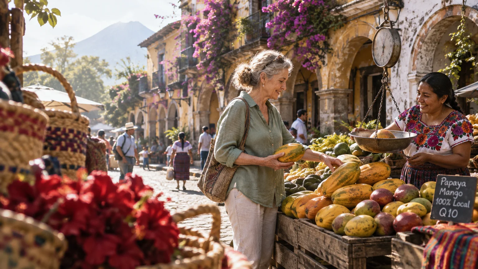 Older woman buying papayas from a vendor at an outdoor produce market along a sunny cobblestone street.