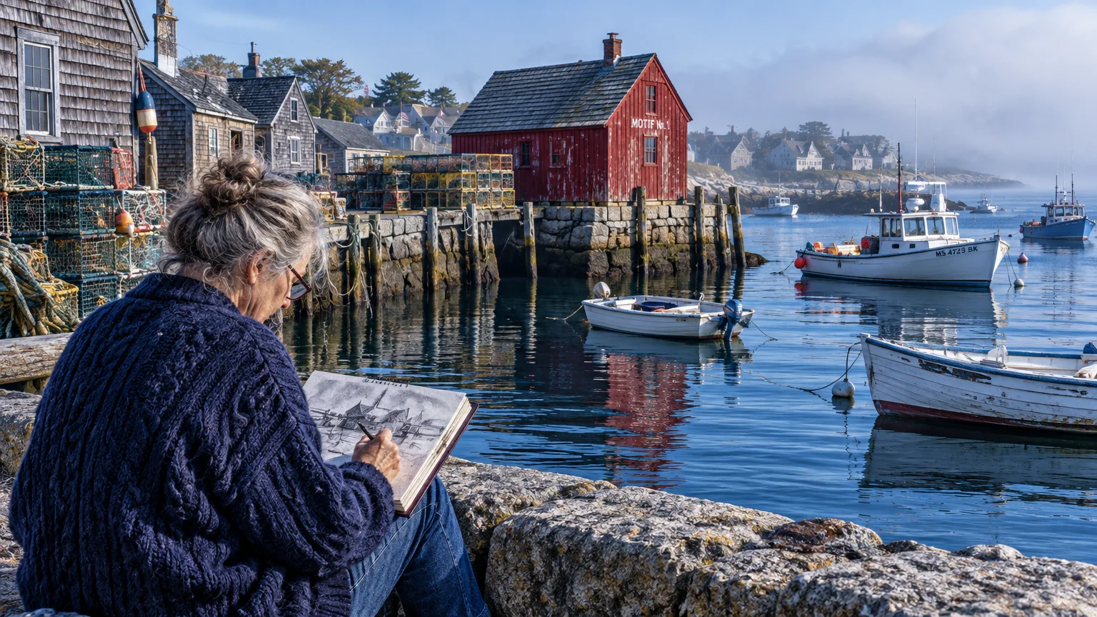 A woman sketches a harbor scene with boats and Motif No. 1, a red fishing shack on a granite pier.