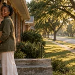 Smiling older woman unlocking the front door of a brick home on a quiet, tree-lined suburban street.