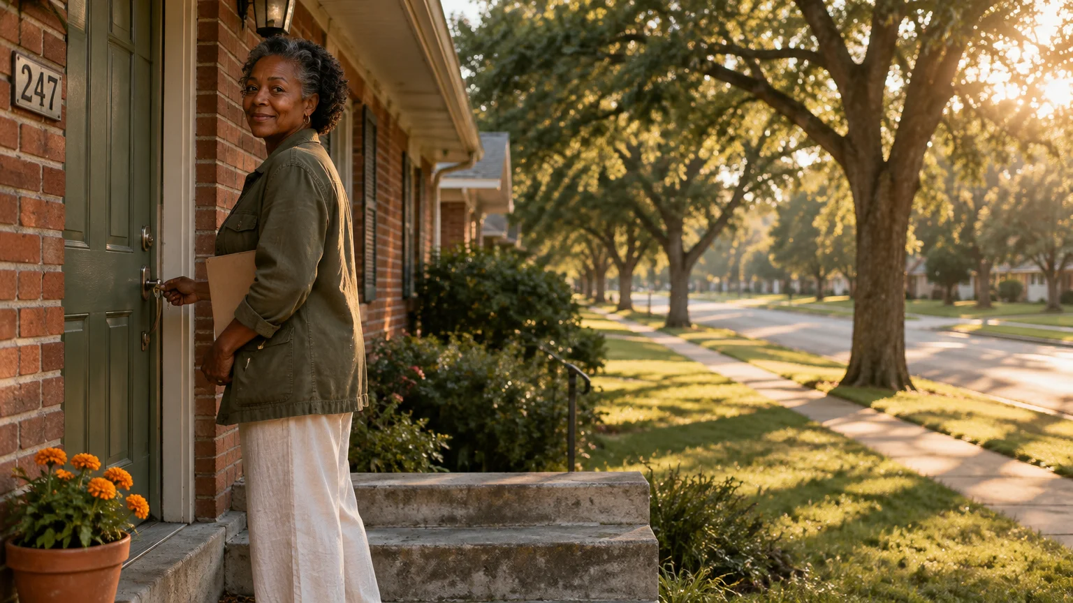 Smiling older woman unlocking the front door of a brick home on a quiet, tree-lined suburban street.