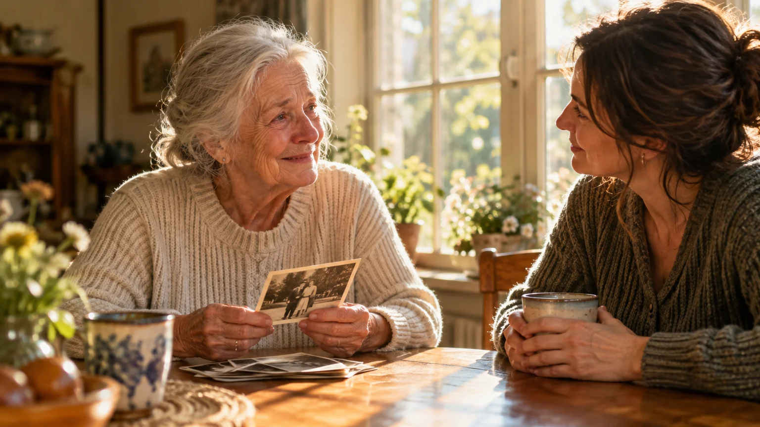 An elderly woman sitting at a sunlit wooden table holds an old photograph while talking to a younger woman.