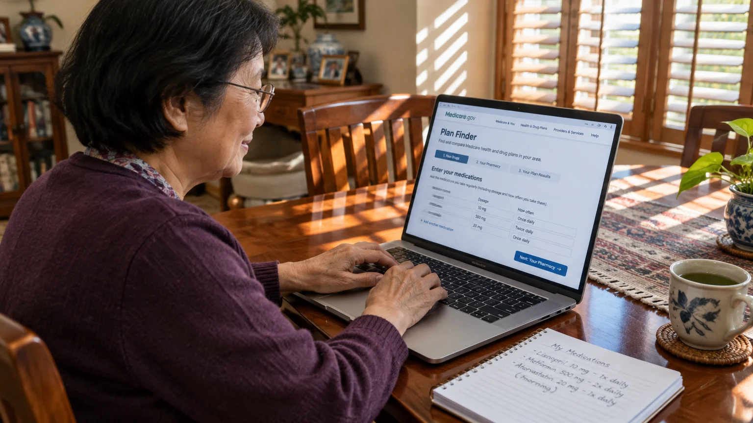 Woman looking at a laptop showing the Medicare Plan Finder tool while sitting at a dining table with a handwritten list.
