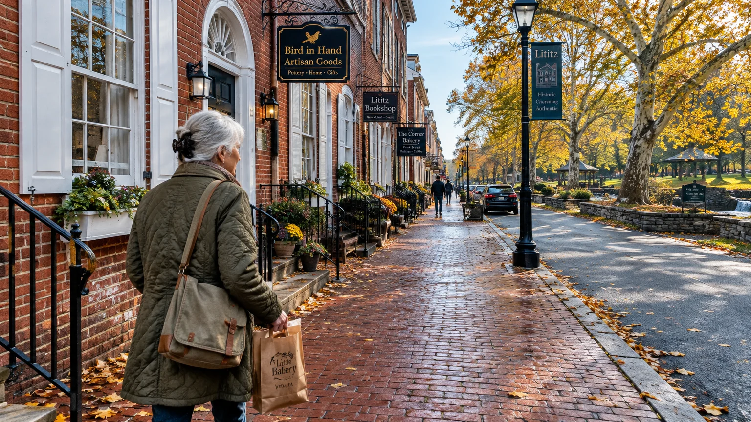 A woman walks down a brick sidewalk lined with historic storefronts and autumn trees beside a paved street.