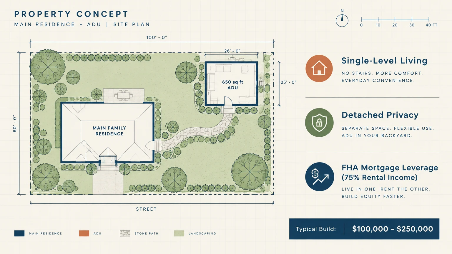 Site plan diagram of a main family residence and a 650-square-foot backyard ADU with feature callouts.