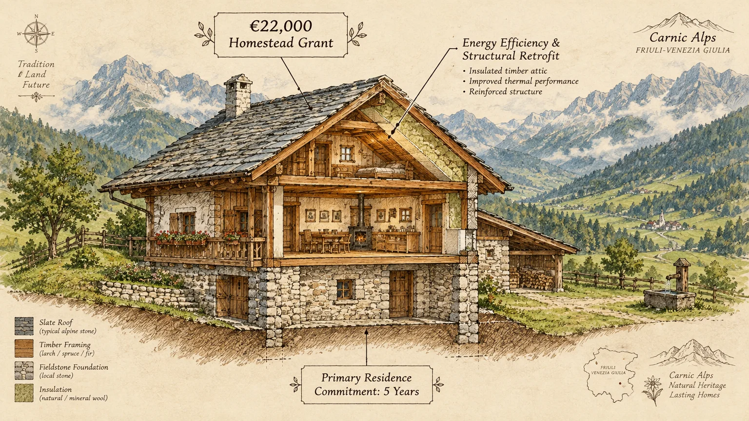 Cutaway illustration of an Alpine stone and timber homestead in the Carnic Alps showing insulation and structural details.