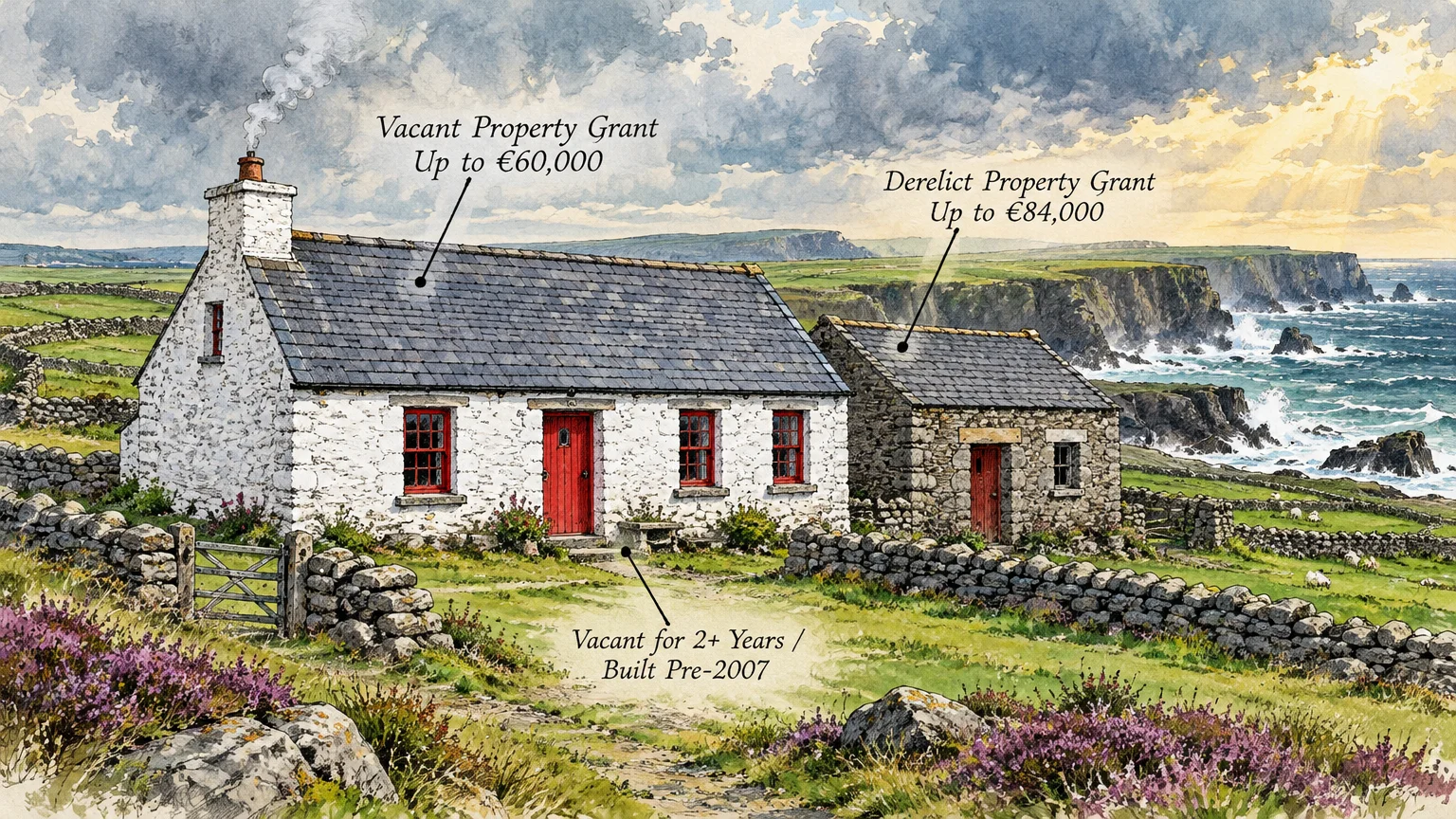 Watercolor illustration of stone cottages along a rugged Irish coastline with text labels indicating renovation grant amounts.