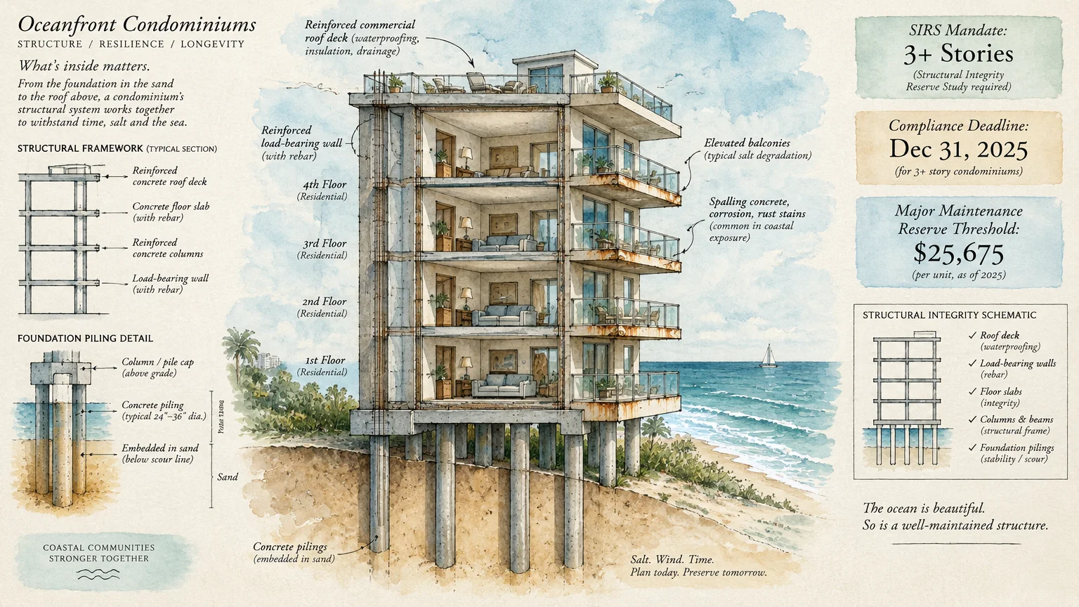 Architectural cross-section illustration of an oceanfront condominium showing foundation pilings, structural framework, and notes.