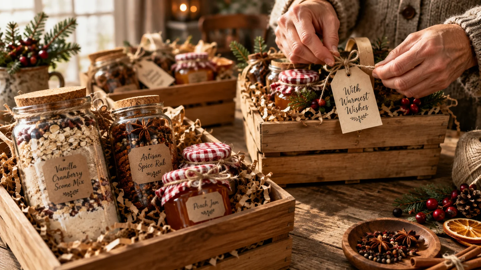 Hands tying a gift tag on a wooden crate filled with jars of dry mixes, spice rub, and jam packed in crinkle paper.
