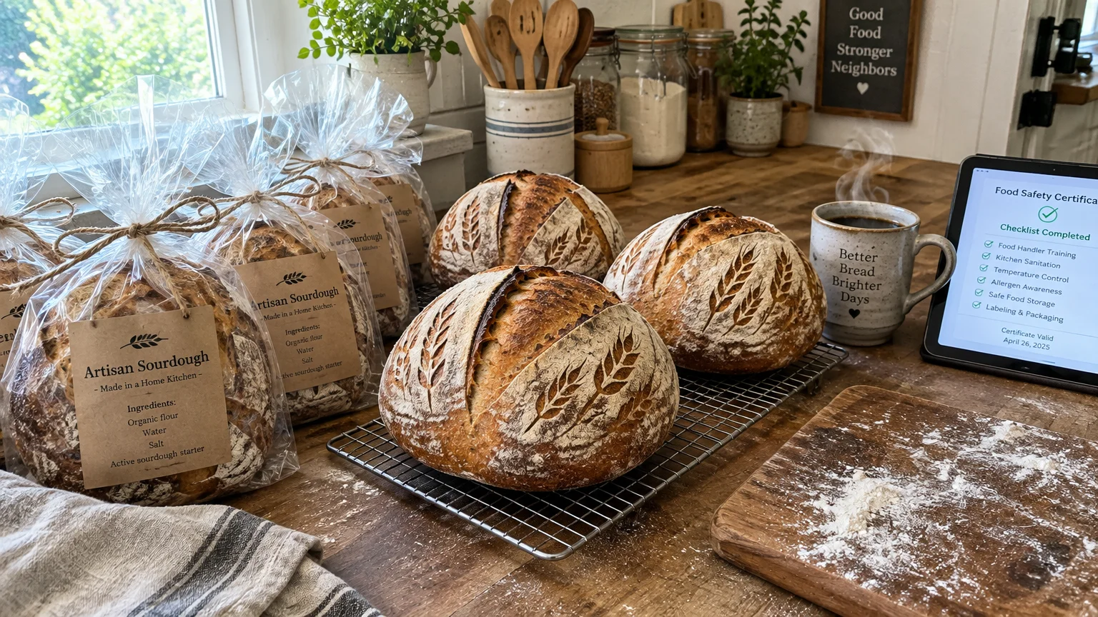 Freshly baked sourdough loaves, packaged bags, cooling racks, flour, and a tablet displaying a food safety certificate.