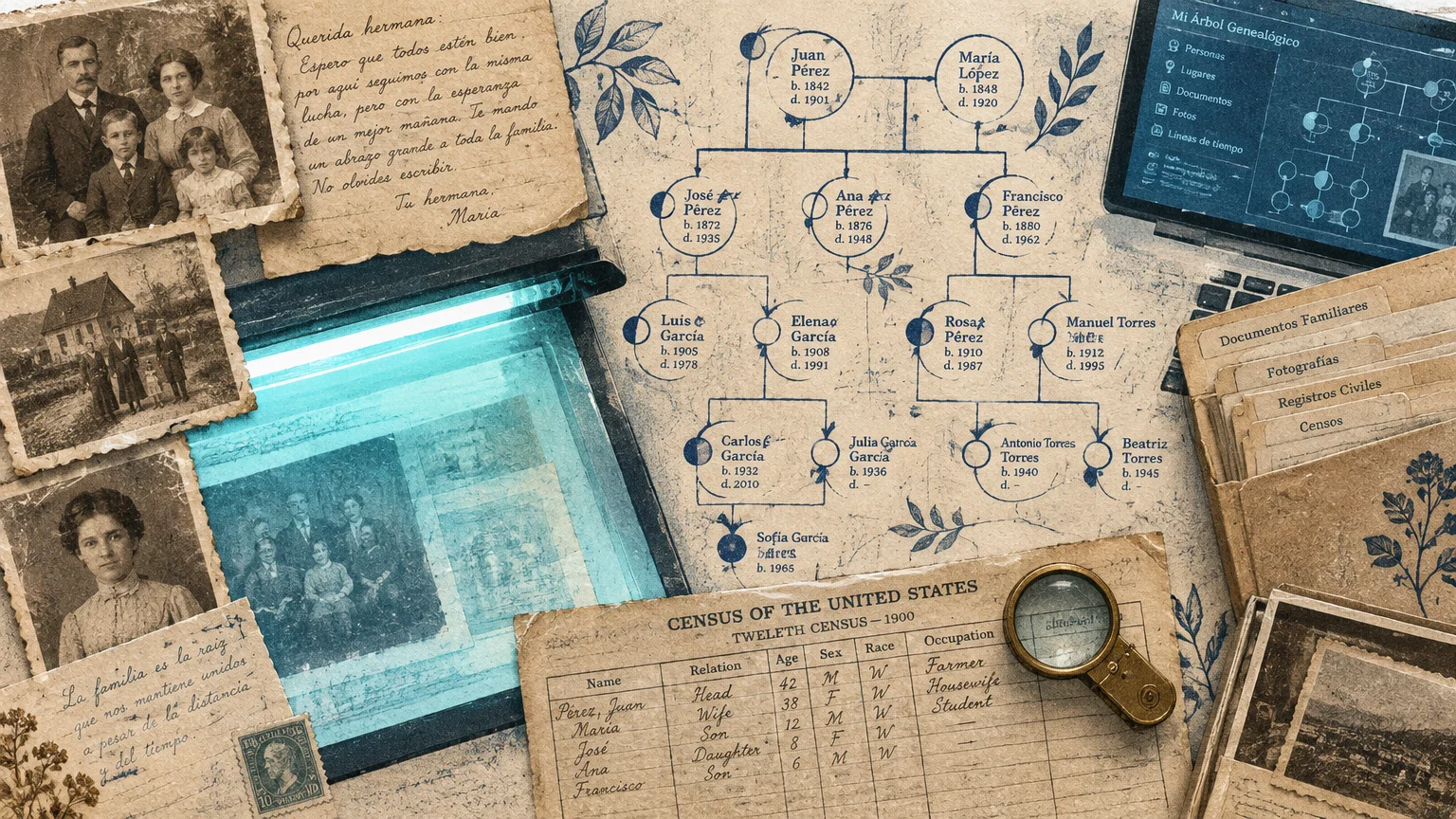 Illustration of old family photos, a scanner, handwritten letters, a census document, and a digital family tree chart.