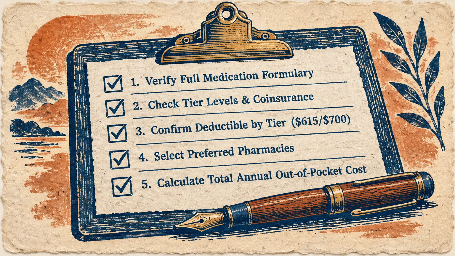 Illustration of a clipboard with a five-step checked list and a fountain pen on textured parchment.