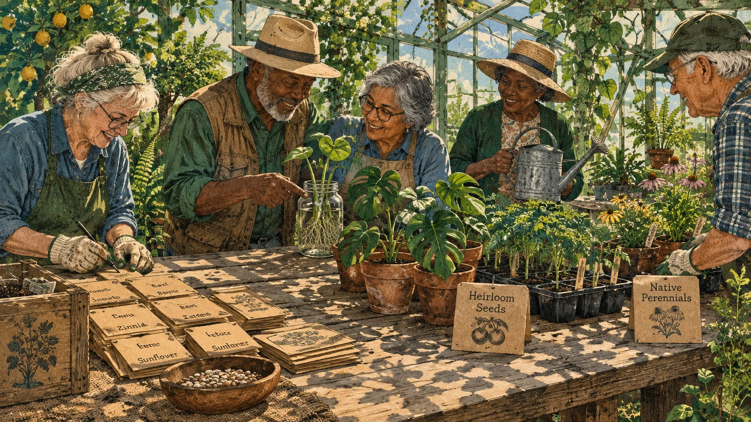 Illustration of diverse senior gardeners gathered around a greenhouse table examining seedlings, potted plants, and seed packets.