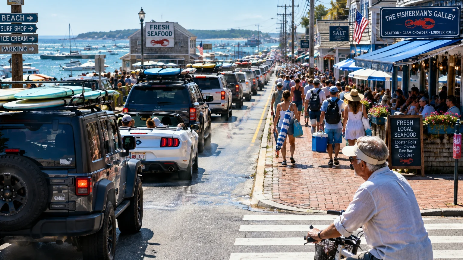 Heavy car traffic and crowded pedestrian sidewalks line a coastal street with seafood restaurants and beach shops.
