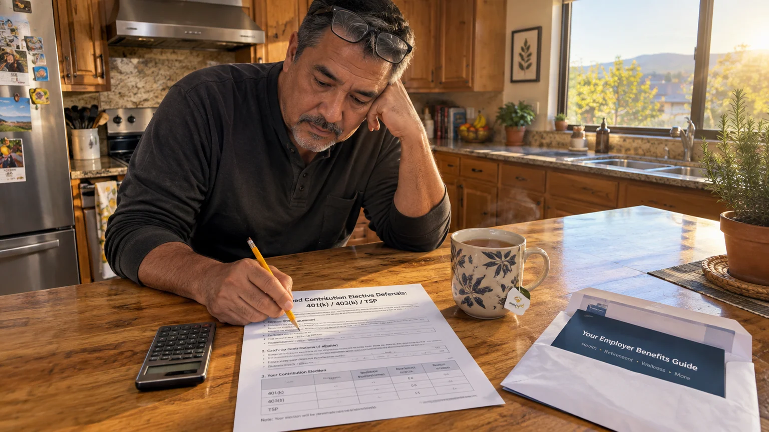 A man sits at a kitchen counter with a calculator and mug, writing on an elective deferral contribution form.