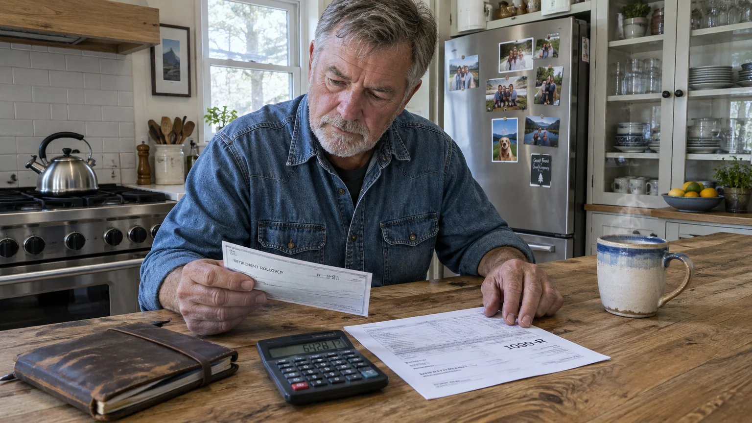 A senior man sits at a kitchen counter reviewing a retirement rollover check, a 1099-R tax form, and a calculator.
