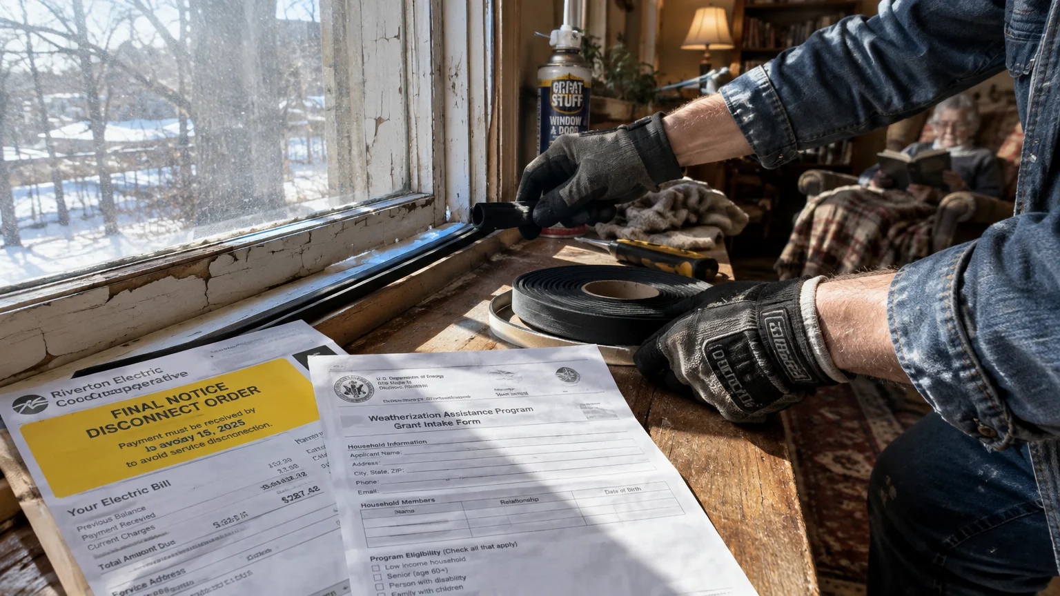 A worker installs weatherstripping on a drafty window next to a utility bill and grant application form.