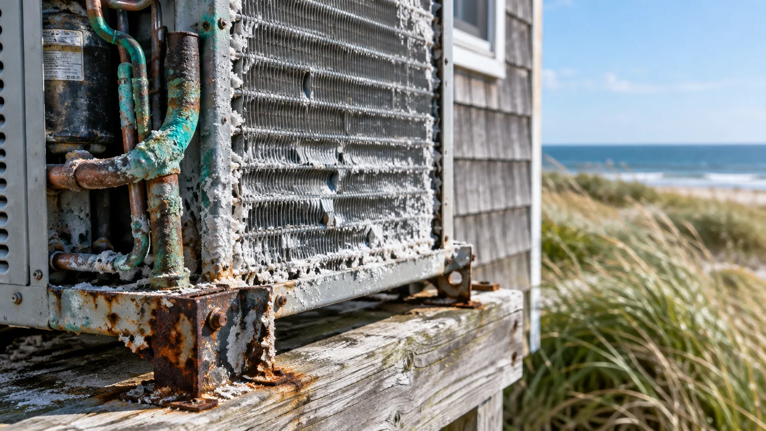 Corroded and salt-encrusted outdoor AC unit on a wooden stand outside a coastal house overlooking the ocean.