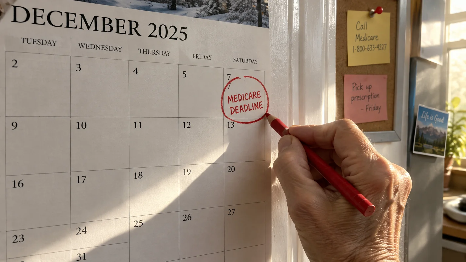 A hand circles December 7 on a wall calendar with a red pencil around the words Medicare Deadline.