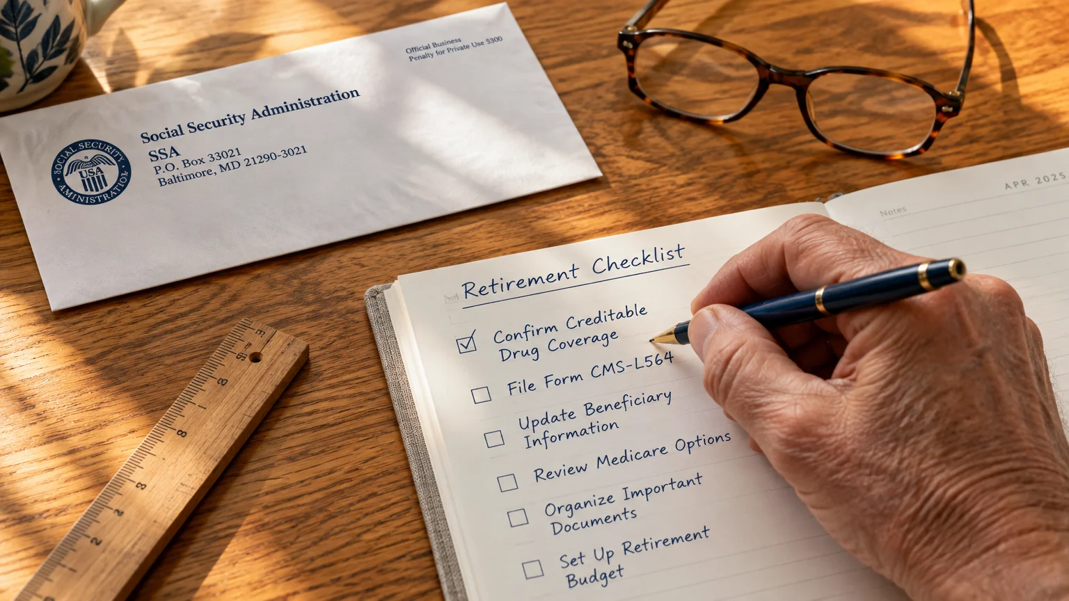 A hand fills out a retirement checklist next to a Social Security envelope and eyeglasses on a wooden table.