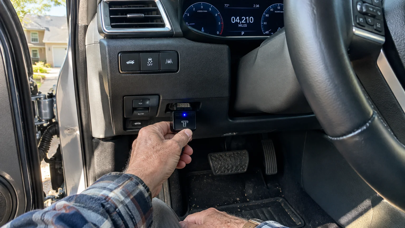 A person's hand plugging a small black telematics tracking device with a blue light into a car's OBD-II port under the dash.