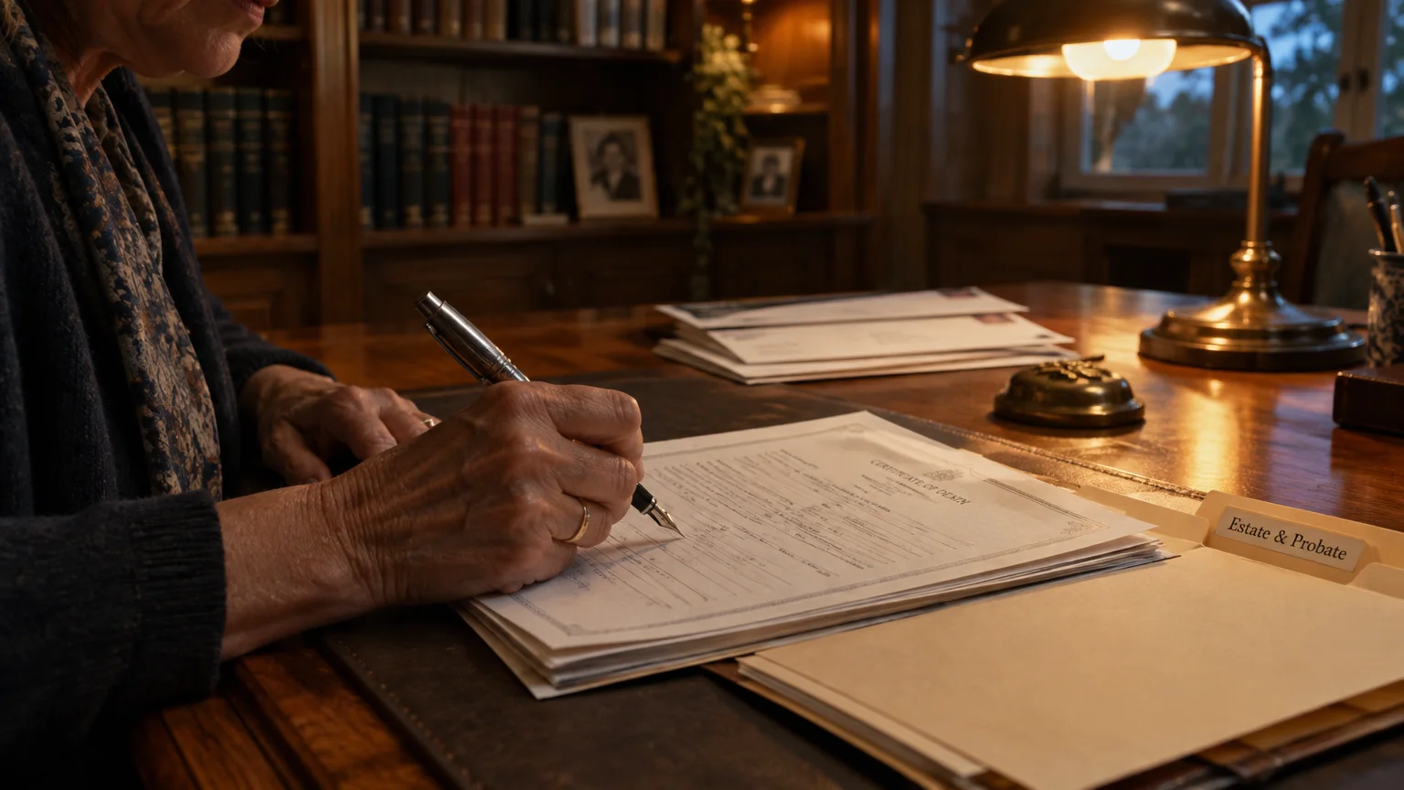 An older person signs documents on a wooden desk beside an Estate and Probate folder under a warm desk lamp.