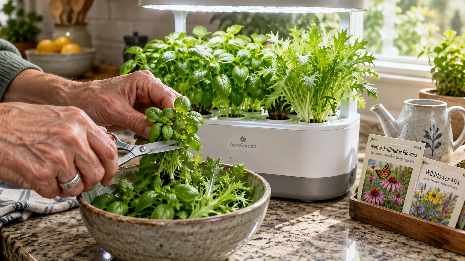 Hands cutting fresh herbs with scissors over a bowl, next to a countertop hydroponic garden and seed packets.