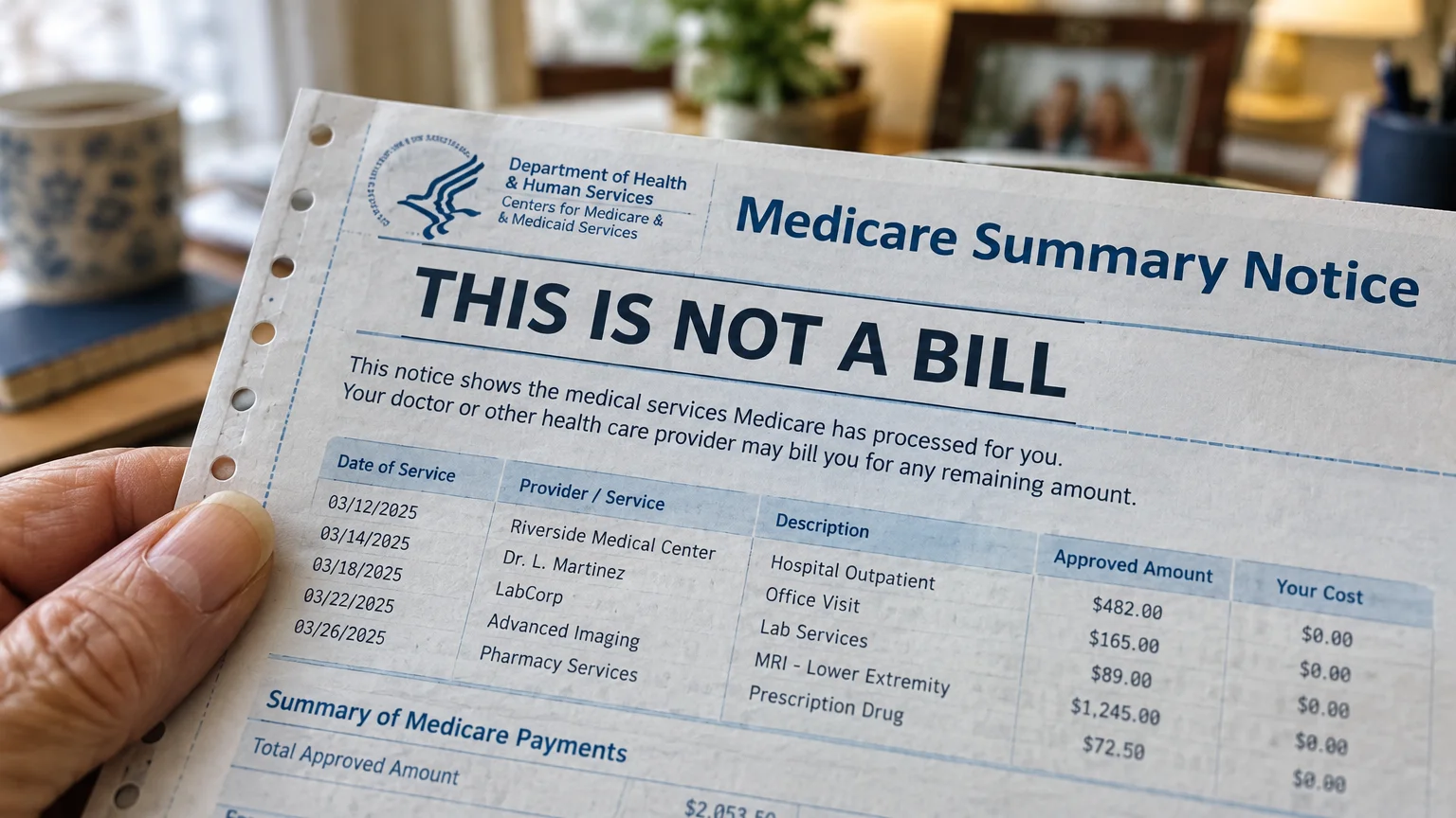 Hand holding a Medicare Summary Notice document with a prominent This Is Not A Bill header and service billing table.