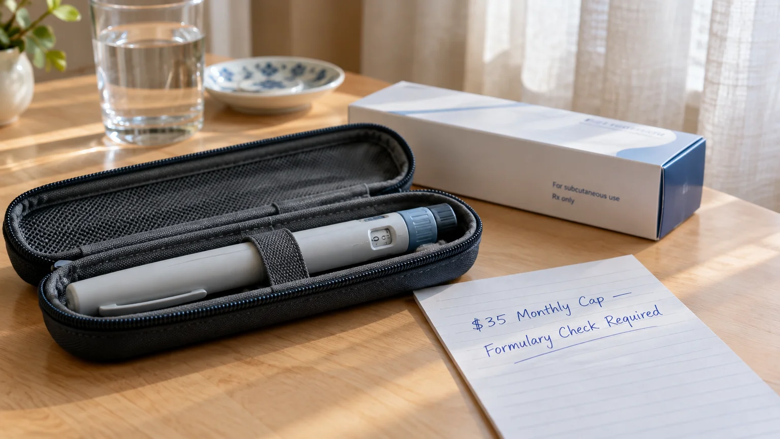 An insulin pen resting in a zip case on a table beside a medication box and a handwritten note about formulary checks.