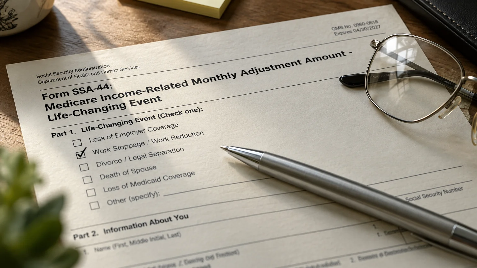 Social Security Administration Form SSA-44 on a wooden desk with a silver pen and eyeglasses.
