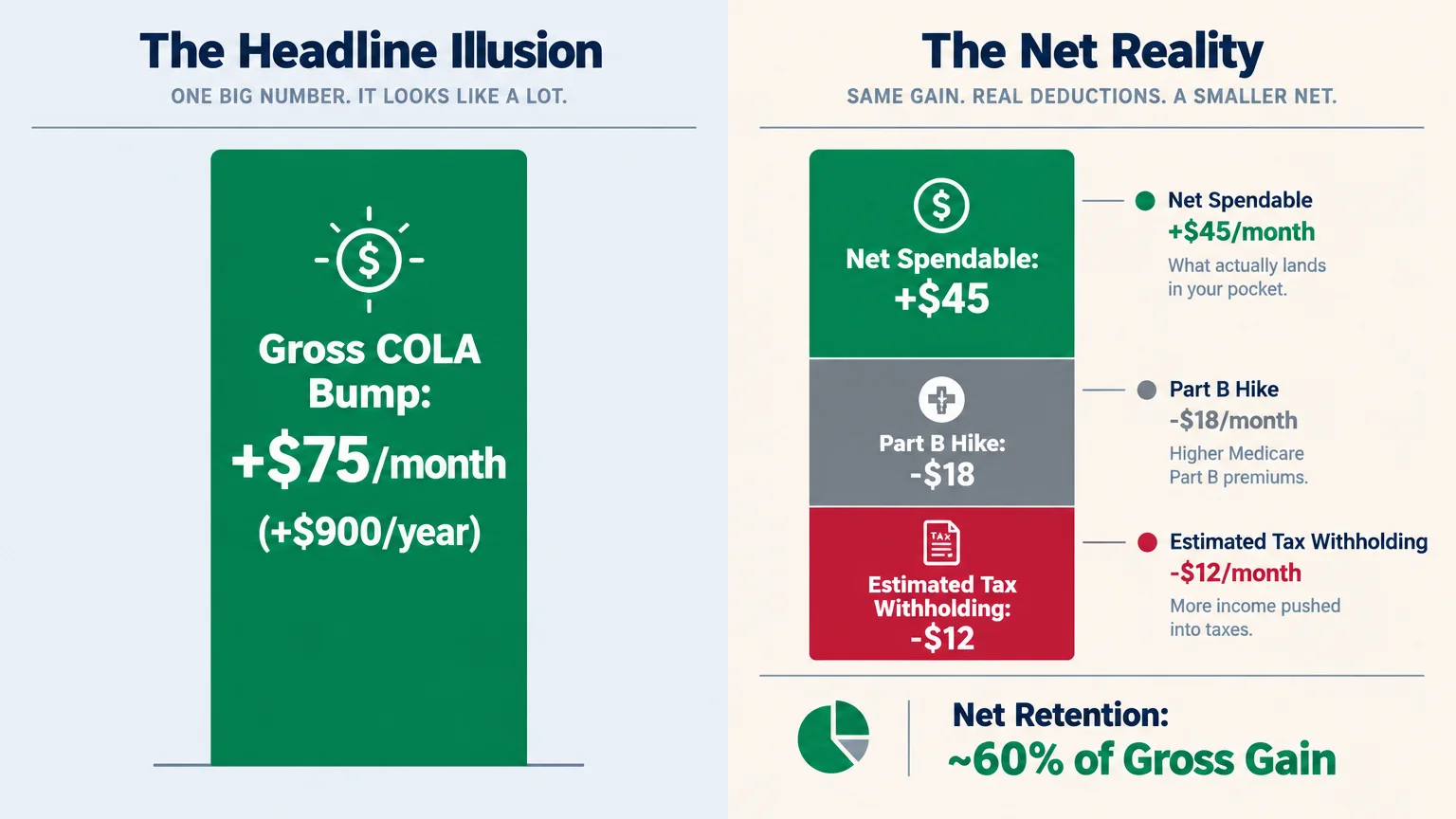 Diagram comparing a gross $75 COLA bump against deductions for Medicare Part B and taxes, leaving $45 net spendable.