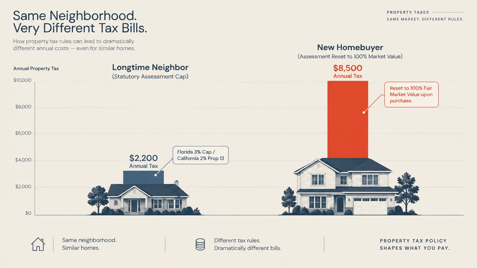 Bar chart comparing property tax bills of $2,200 for a longtime neighbor and $8,500 for a new homebuyer.