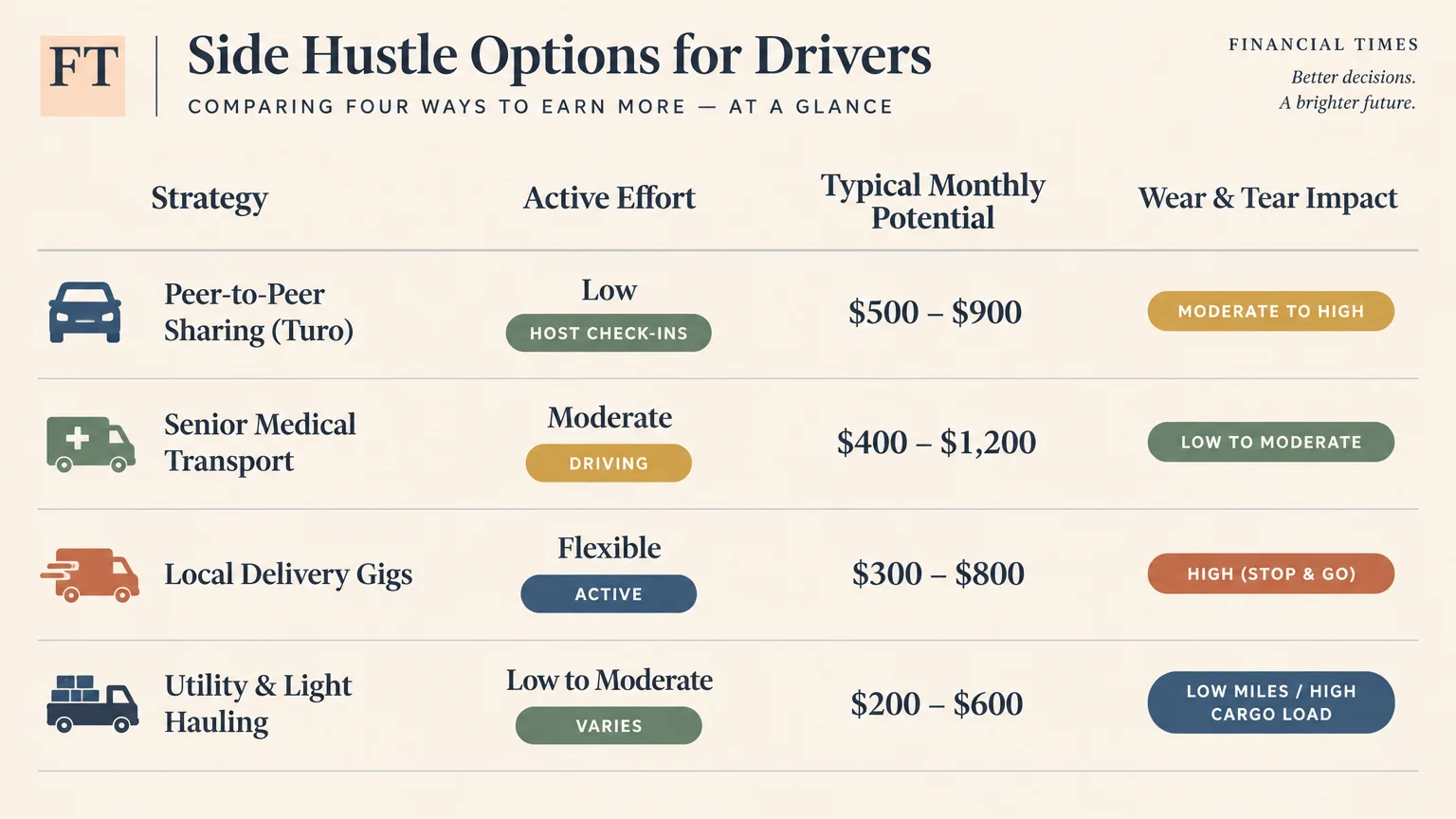 Table comparing four driver side hustle strategies by active effort, typical monthly potential, and wear and tear impact.