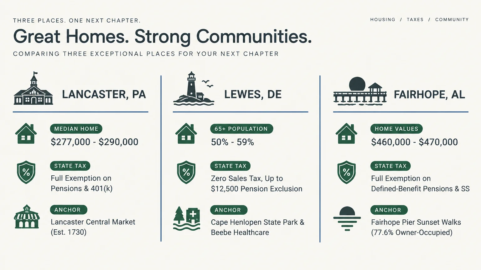 Infographic comparing Lancaster, PA, Lewes, DE, and Fairhope, AL across housing, state taxes, and community anchors.