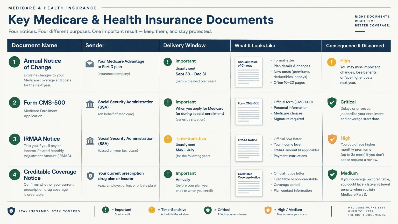 Table detailing four Medicare documents, senders, delivery windows, appearance descriptions, and consequences if discarded.